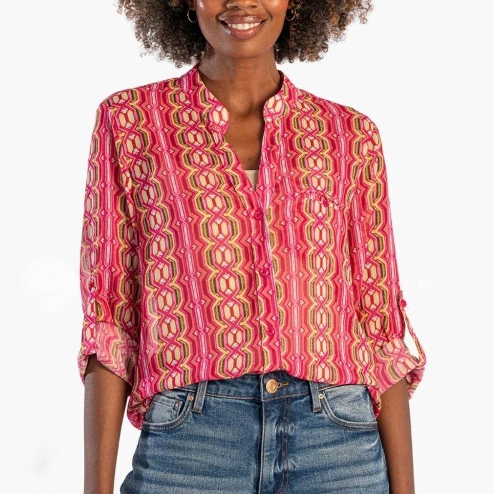 Kut from the Kloth Jasmine Blouse Semi-Sheer Roll-Sleeve Pink/Olive Size Large